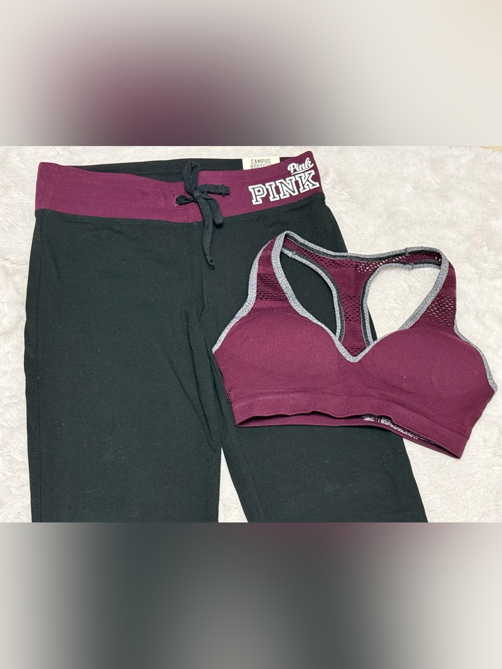 Women’s Black Yoga Pants with Maroon Waistband and Matching Maroon Sports Bra